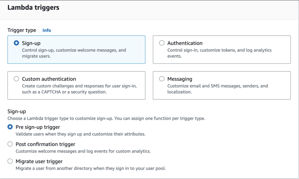 Cognito trigger settings