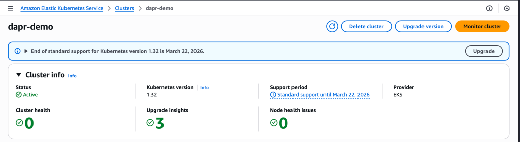AWS EKS cluster successfully deployed and ready for Dapr microservices
