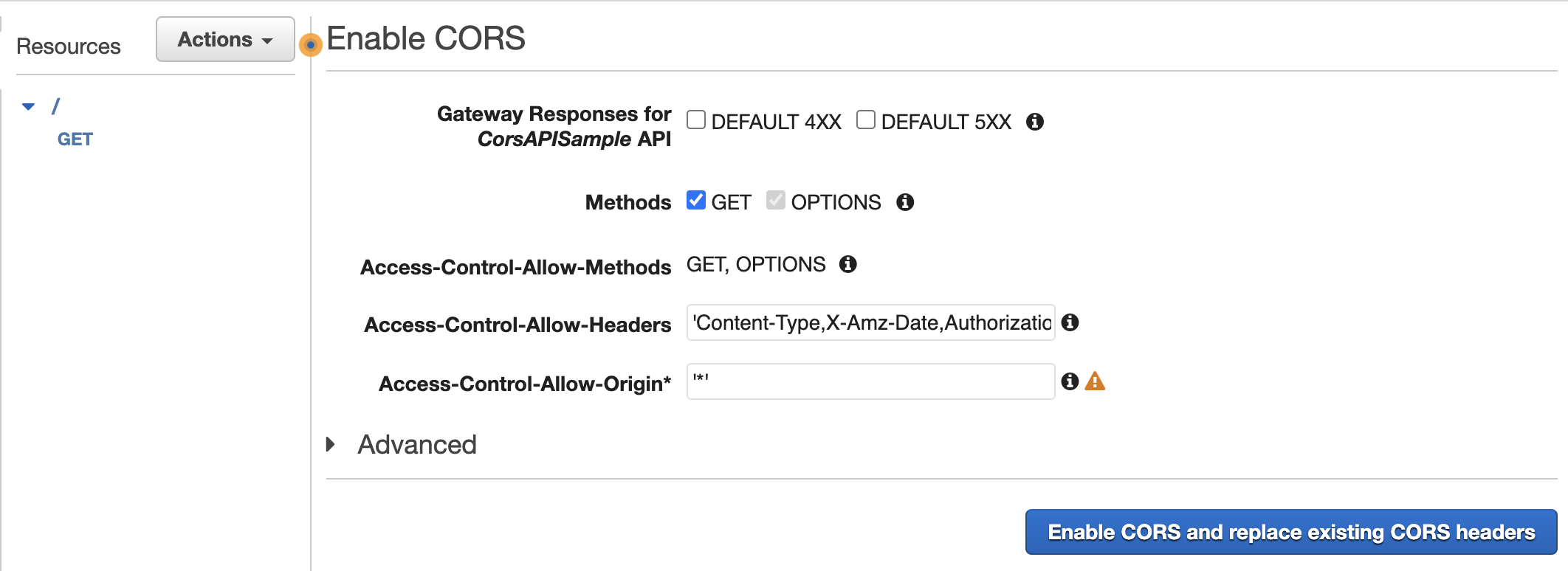 CORS API Gateway Default