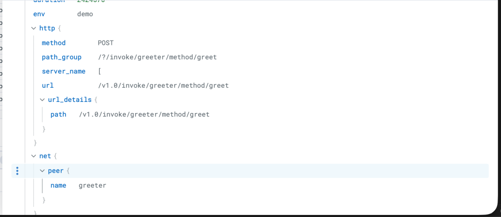 Datadog span details showing Dapr sidecar observability and automatic trace enrichment